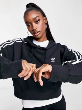 adidas Black Cropped Hoodie with White 3-Stripes